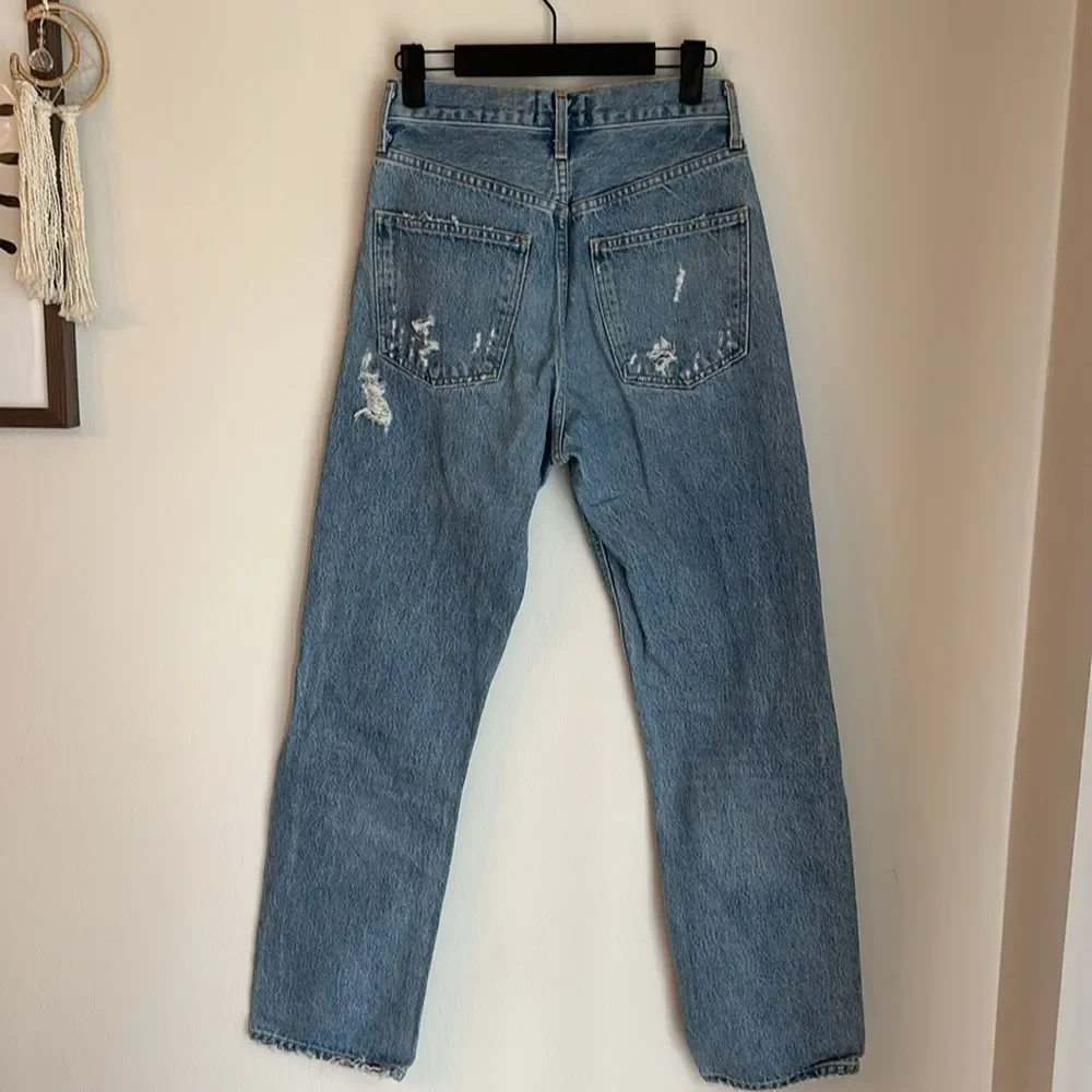 Agolde 90’s mid rise Women Light Blue Ripped distressed Denim Jeans size 23 EUC